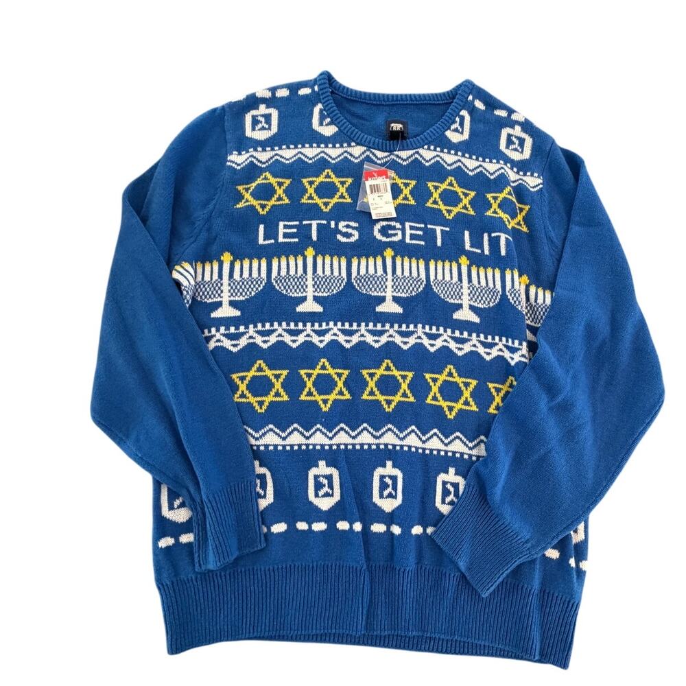 Route 66 Hanukkah Sweater Mens L Blue “Let’s Get Lit” Menorah Holiday NWT